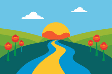 Fototapeta premium Serene Sunset Landscape River, Flowers, and Rolling Hills