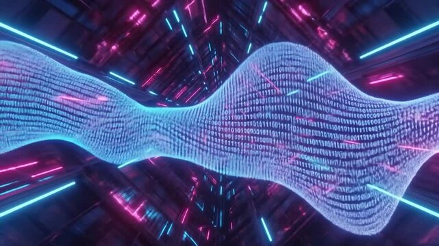 Abstract digital tunnel with binary code flowing.  Neon lights in a futuristic,  technological space