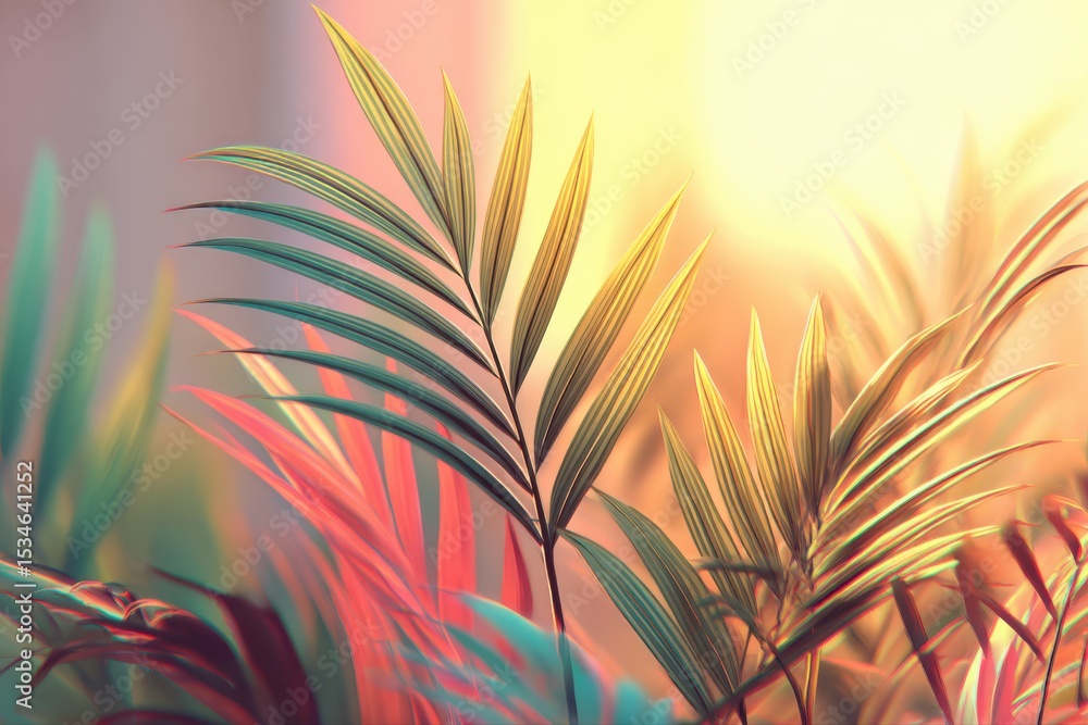 Poster abstract summer background with soft sun flares. blurred potted plant with warm colors creating a re