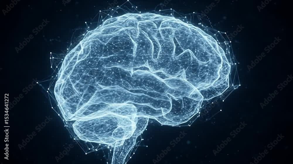 Poster abstract representation of a brain, composed of interconnected lines and points, creating a network-