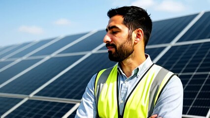 A medium-angle shot of a man in a safety vest standing confidently by solar panels, embodying renewable energy concepts for a promotional video