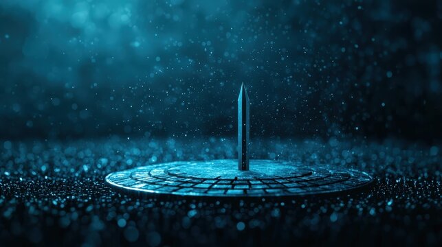 A glowing sundial stands illuminated in a mystical blue light, surrounded by sparkling particles in a dark, atmospheric environment.