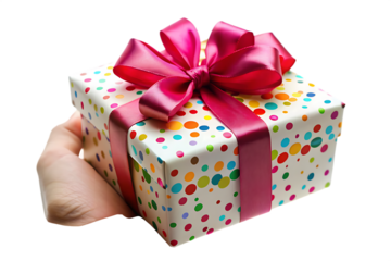 A hand holds a gift box wrapped in white paper with colorful polka dots and a large fuchsia ribbon bow isolated on a transparent background