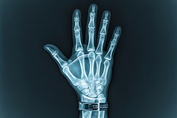 Naklejka premium X-Ray of a Human Hand: A detailed x-ray captures the intricate skeletal structure of a human hand, revealing bones, joints, and potential medical insights.