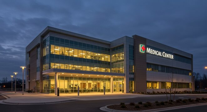 Medical center building exterior healthcare facility urban environment night modern architecture for better community health