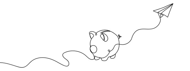 Continuous line, piggy bank with paper airplane, financial concept illustration Hand drawn vector art lines on transparent background. Editable strokes.