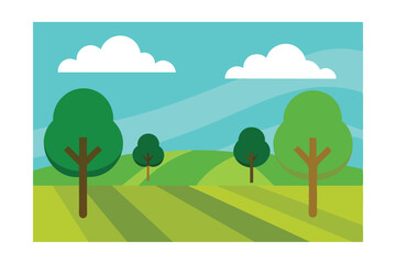 Obraz premium Serene Summer Landscape Rolling Hills, Lush Trees, and Sunny Skies