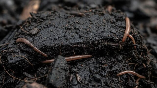 Close-up of dark soil with segmented worms