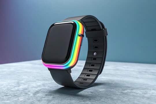 Modern Smartwatch with Vibrant Display: A sleek and contemporary smartwatch with a striking, multi-colored display, perfectly capturing the intersection of modern technology and stylish design. - Powered by Adobe