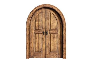 Elegant arched wooden double door isolated on black background photography