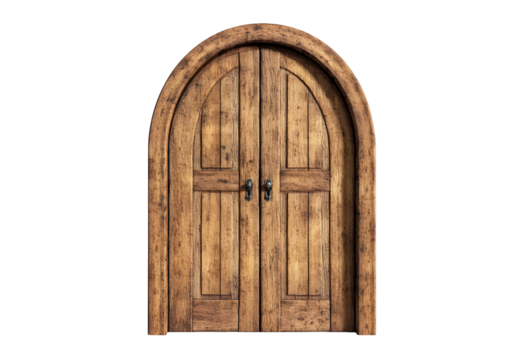 Elegant arched wooden double door isolated on black background photography