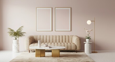 Modern Living Room Interior with Two Vertical Gold Frame Mockups, Soft Beige Sofa, and Warm Neutral Decor