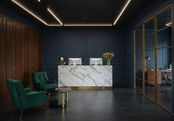 Office Reception Area with Marble Desk – Ideal for Frame Mockups.