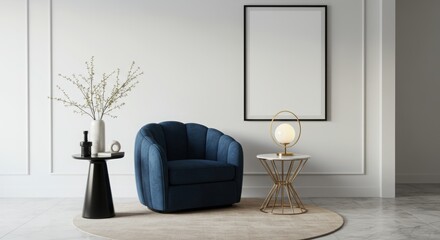 Blank Black Frame Mockup in a Modern Living Room with Blue Armchair