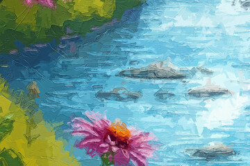 Various oil paintings, flowers, roses, peonies, landscapes, butterflies, chrysanthemums, and beautiful lakes