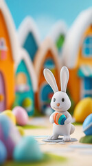 Whimsical Easter Bunny Village With Colorful Houses and Bunnies Painting Eggs in a Delightful Spring Landscape