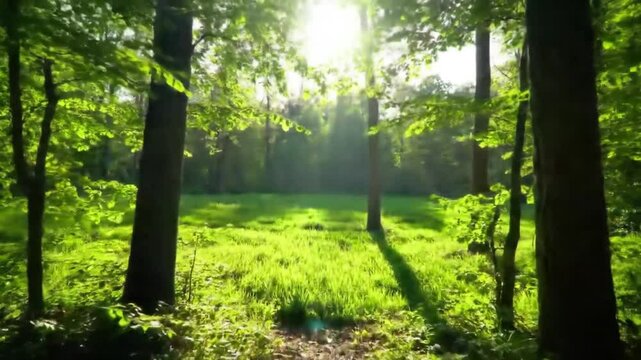Sunlit Forest Path, Lush Green Canopy, Tranquil Nature Scene