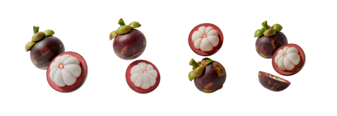 A whole purple mangosteen fruit and its halved counterpart, revealing the juicy white segments and seeds. Perfect for health and food-related designs.