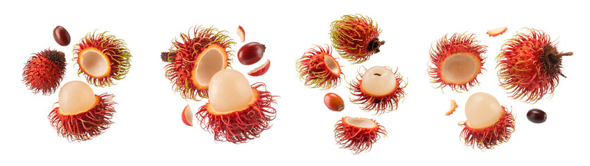  A vibrant composition featuring a whole rambutan fruit, its cross-section revealing juicy white flesh and seeds, with scattered pieces. Perfect for tropical fruit and culinary themes.