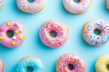 Colorful donuts with sprinkles arranged on a blue background.