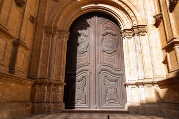 Famous Cathedral of Malaga, Roman Catholic Church Exterior Entrance Door. Old City Walls Medieval Moorish Architecture, Andalucia Southern Spain