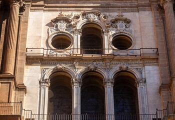 Famous Cathedral of Malaga, Roman Catholic Church Exterior Entrance Door. Old City Walls Medieval Moorish Architecture, Andalucia Southern Spain