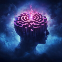 A surreal image of a human head with a glowing maze inside, illuminated by a burst of purple lightning at the center, symbolizing complex thinking or mental energy.