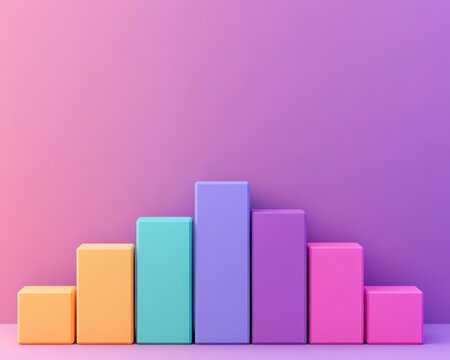 Colorful 3D bar chart with seven vertical blocks of varying heights, displayed against a gradient purple background.