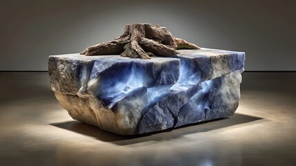 A deep blue marble slab with swirling white patterns, crystalline textures, and reflective elements that catch ambient light in a dynamic way