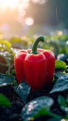 Fresh Red Bell Pepper Gleaming in Morning Sun with Dewdrops. AI Generated