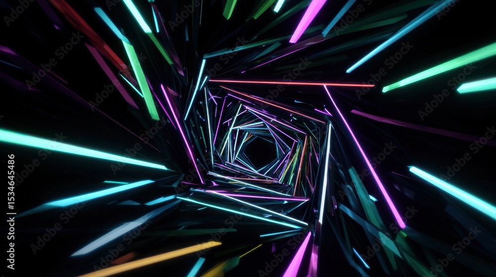 Poster abstract neon tunnel of dynamic shapes animating forward in vibrant colors and light effects