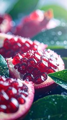 Close-Up of Fresh Pomegranate Seeds with Dew and Green Leaves. AI Generated