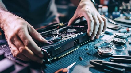 Technician carefully repair powerful graphics card into for high-performance computer. Precision and expertise in repair advanced graphics card systems for gaming and professional use