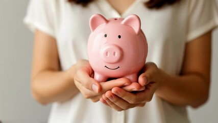 Close-up video still of a woman holding a pink piggy bank, symbolizing savings Shot from a front angle, focusing on the piggy bank in her hands - Powered by Adobe
