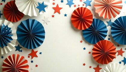 Red, White, and Blue Paper Decorations with Stars on White Background. AI Generated