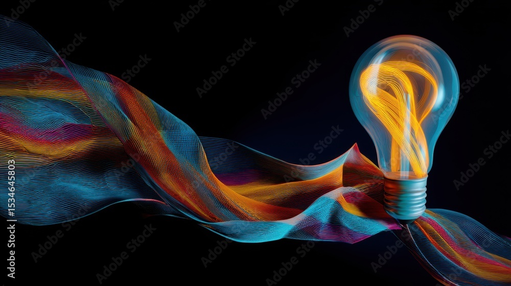 Poster colorful ribbons flowing gracefully to form a lightbulb on a dark background creating a vibrant and 