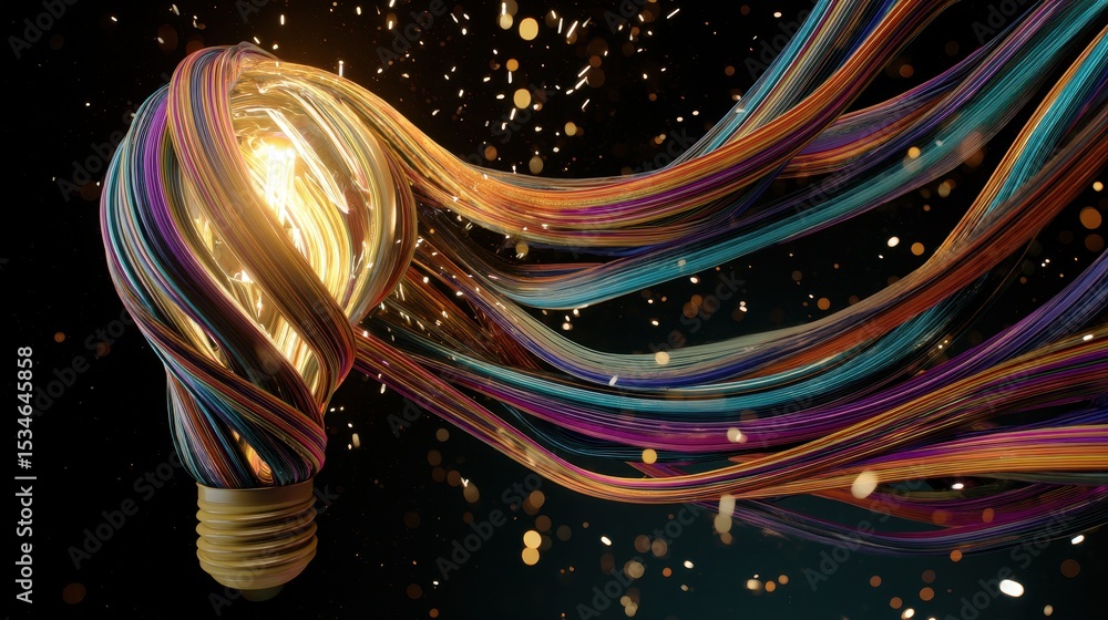 Poster colorful ribbons flowing around a lightbulb creating a dynamic and vibrant visual experience in dark
