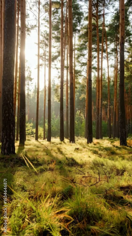 Aufkleber sunlight filters through tall pine trees in a serene forest glade with green grass and hazy light cr