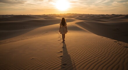 Solitary Journey: A woman walks through desert landscape with the sun setting, symbolizing the journey of life and its challenging paths.