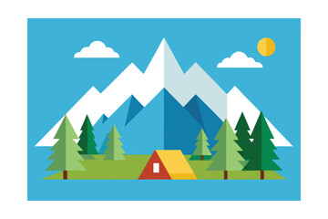 Serene Mountain Camping Scene A Flat Design Illustration of Peaceful Nature