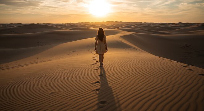 Solitary Journey: A woman walks through desert landscape with the sun setting, symbolizing the journey of life and its challenging paths. - Powered by Adobe