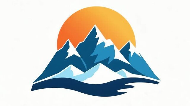 Stunning mountain logo landscape with majestic peaks and a vibrant sunset over the horizon in a tranquil setting
