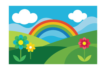Fototapeta premium Vibrant Rainbow Over Rolling Hills and Blooming Flowers A Colorful Landscape Illustration