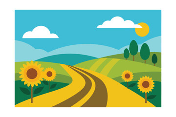 Fototapeta premium Sunflowers and Rolling Hills A Scenic Country Road Illustration