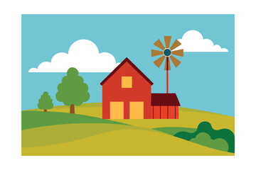 Fototapeta premium Serene Countryside Farm, Windmill, and Rolling Hills Illustration