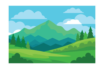 Obraz premium Serene Mountain Landscape Green Hills, Majestic Peaks, and a Tranquil Sky