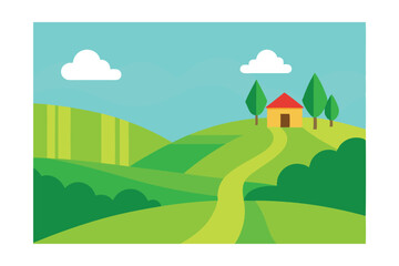 Fototapeta premium Serene Countryside Landscape Rolling Hills, Green Fields, and a Cozy Cottage