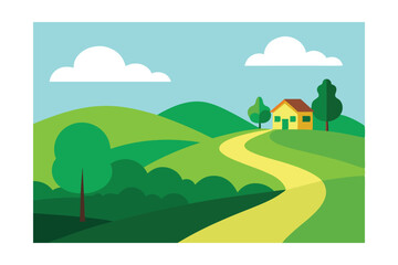 Fototapeta premium Serene Countryside Landscape Winding Road, Rolling Hills, and Cozy Cottage