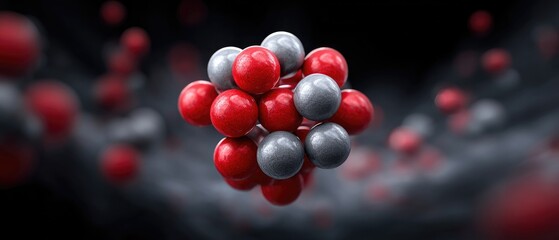 molecule nanoparticle concept. Abstract molecular structure with red and gray atoms on a dark background.