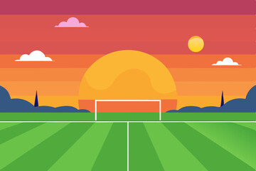 Vector illustration of a vibrant summer rural landscape at sunset, featuring green hills, a winding road, and a brilliant sky with clouds